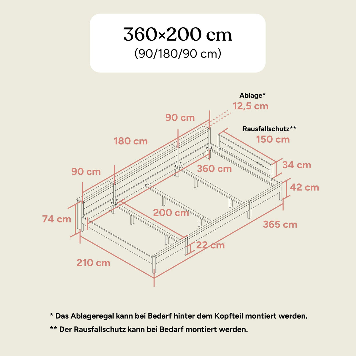 Familienbett | Birke Transparent | 360x200 (90/180/90) | Standard