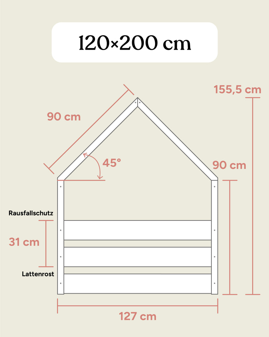 Größengrafik Hausbett Buche B3 120x200 Seitenansicht.