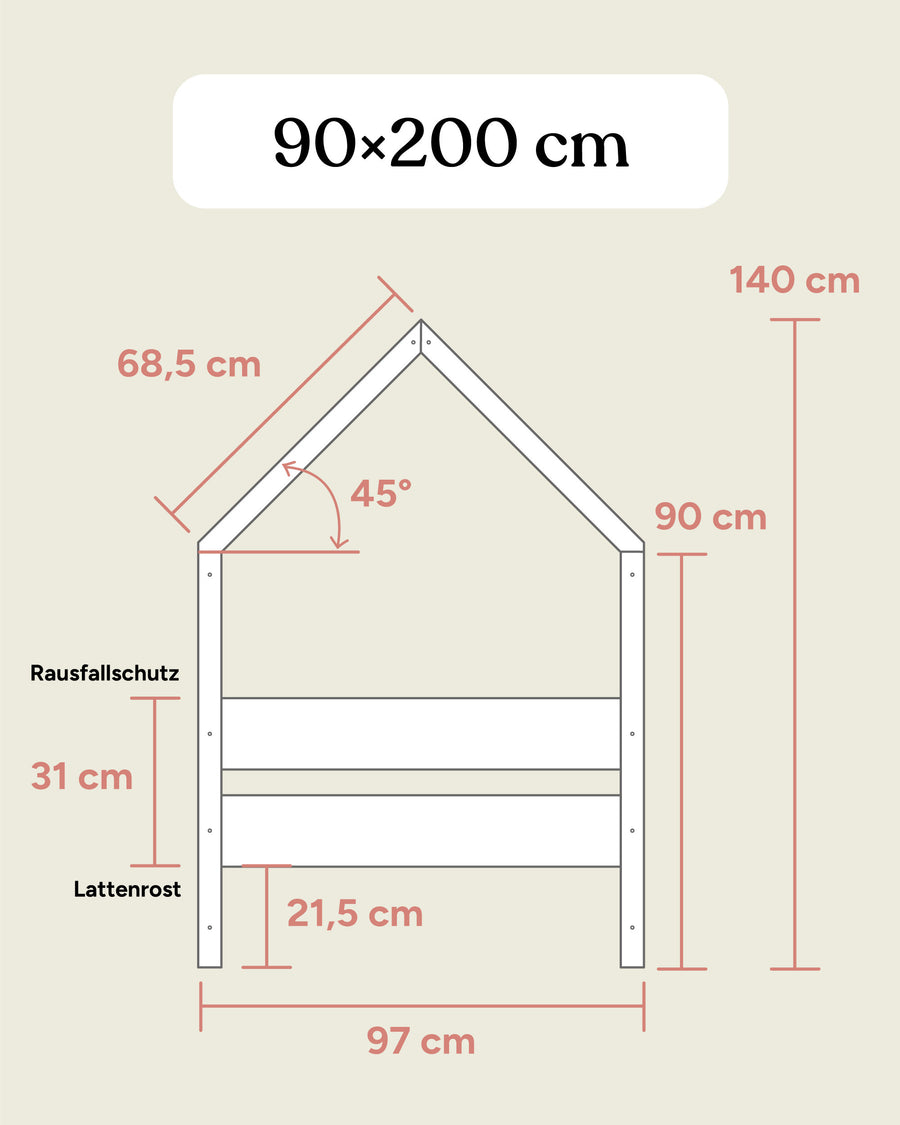 Größengrafik Hausbett Buche B3 90x200 Seitenansicht.