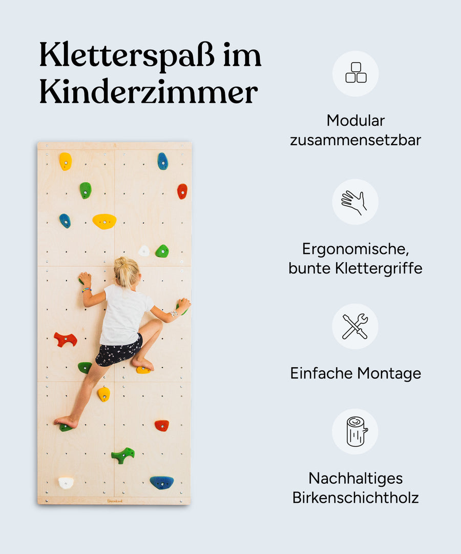 Vorteile der Kletterwand: Modular zusammensetzbar, ergonomische, bunte Klettergriffe, einfache Montage, nachhaltiges Birkenschichtholz.