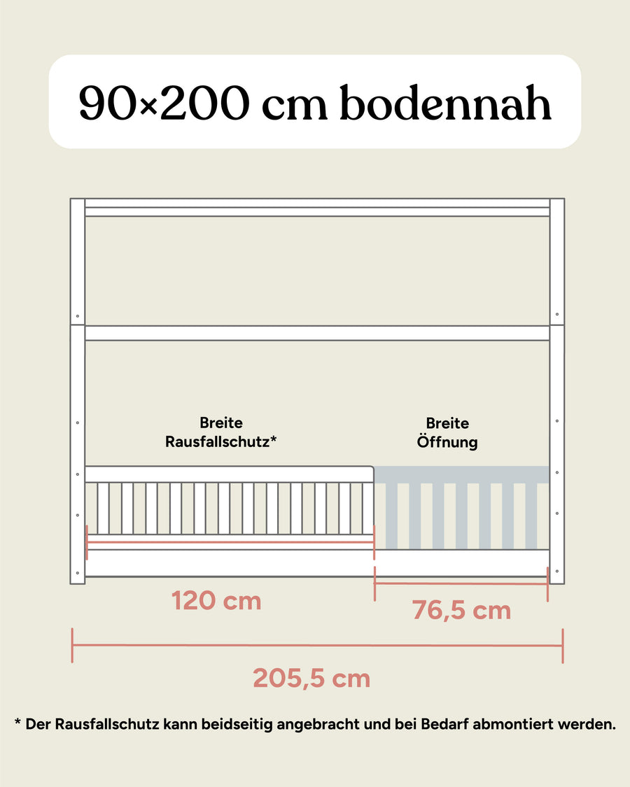 Größengrafik Hausbett Buche 90x200 cm Frontansicht bodennah.