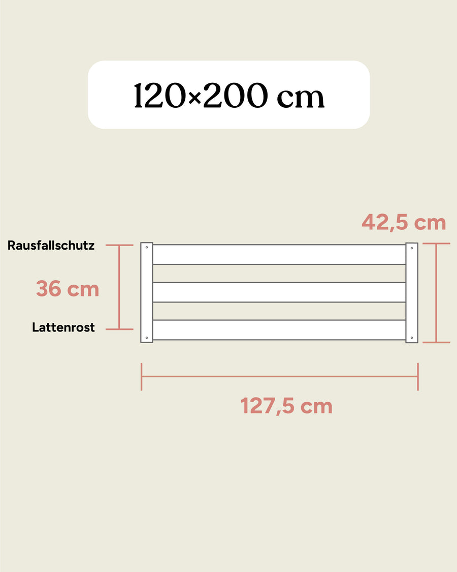 Bodenbett Sona 120x200 Maße Frontansicht.