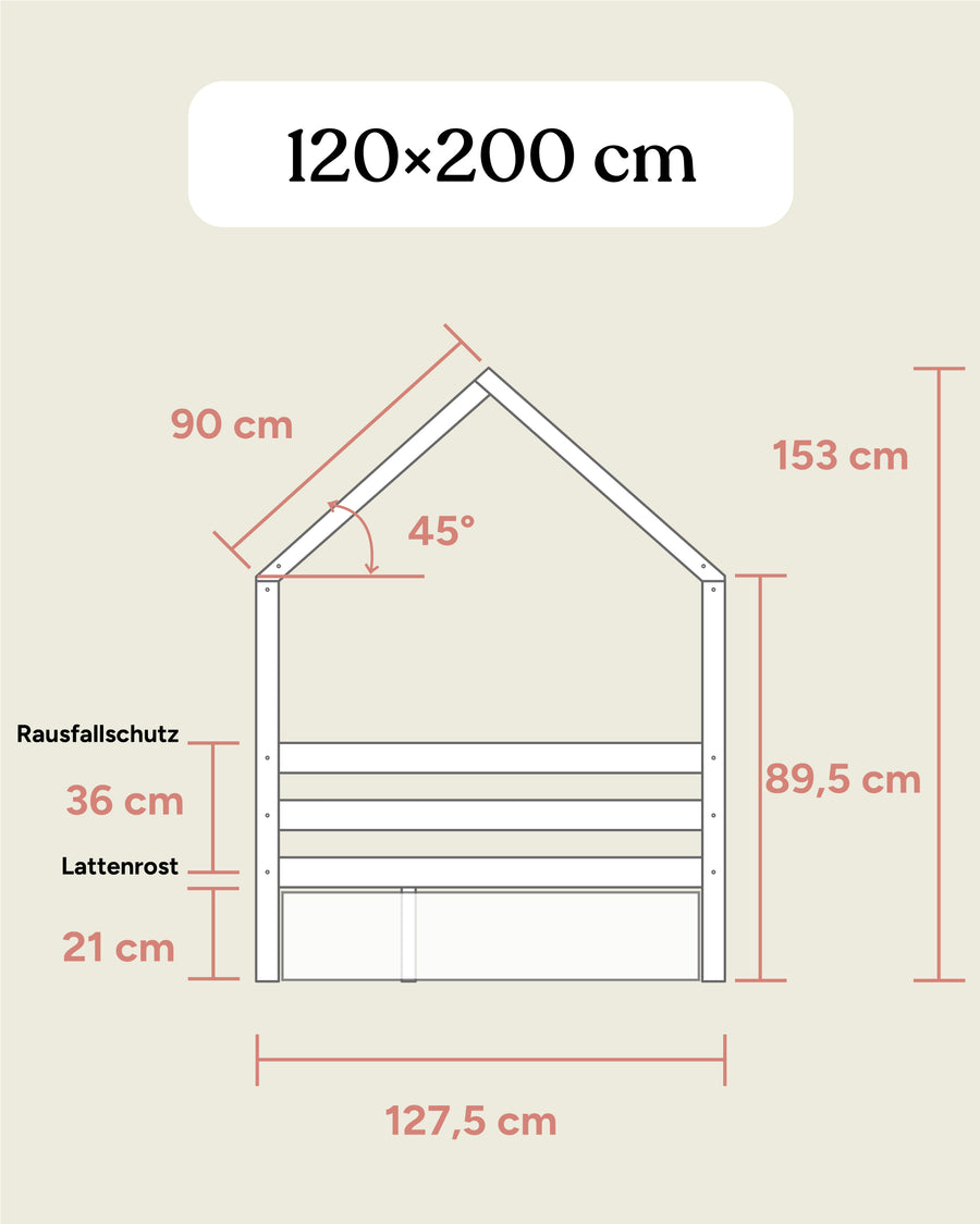 Hausbett Sona 120x200 Übersichtsgrafik Maße Frontansicht.