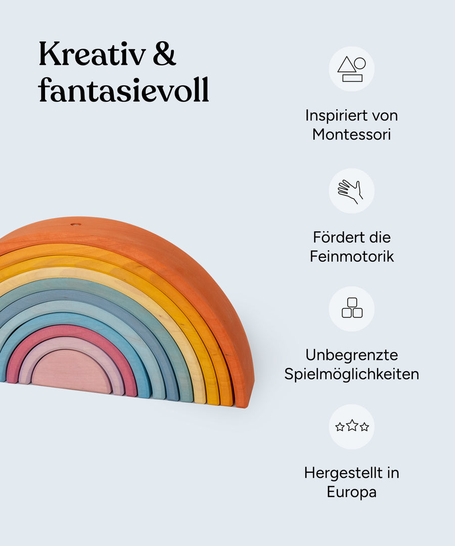 Vorteile des Regenbogens: Inspiriert von Montessori, fördert die Feinmotorik, unbegrenzte Spielmöglichkeiten, hergestellt in Europa.