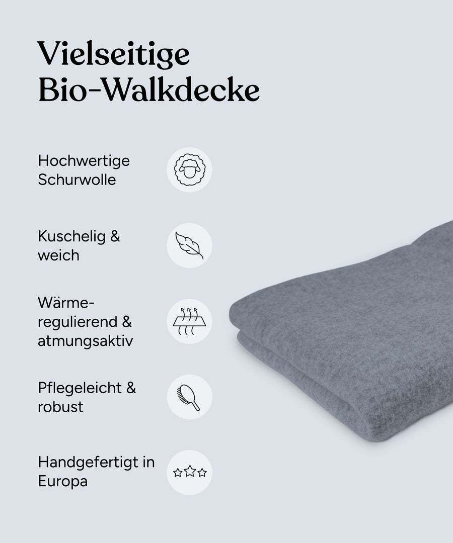Vorteile Walkdecke: Hochwertige Schurwolle, kuschelig & weich, wärmeregulierend & atmungsaktiv, pflegeleicht & robust, handgefertigt in Europa.