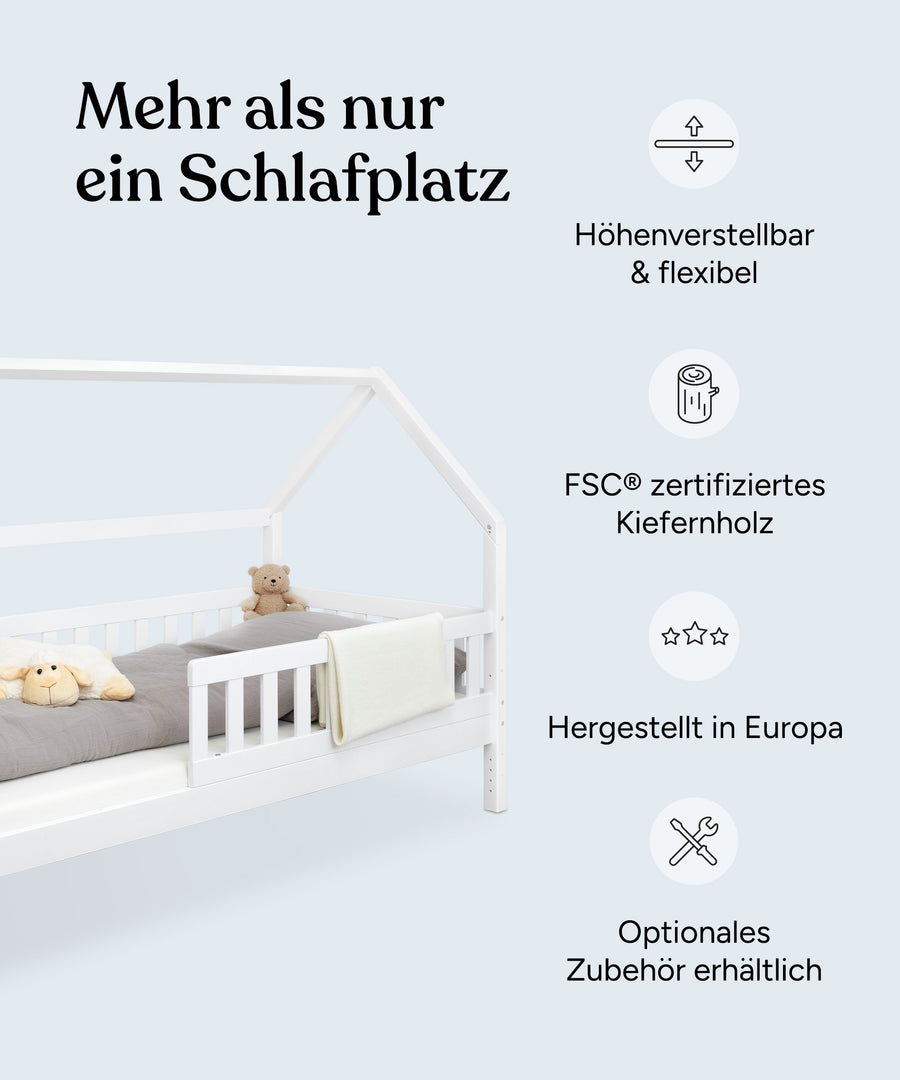 Vorteile Hausbett Kiefer Weiß: Höhenverstellbar und flexibel, nachhaltiges Kiefernholz, hergestellt in Europa, optionales Zubehör erhältlich.