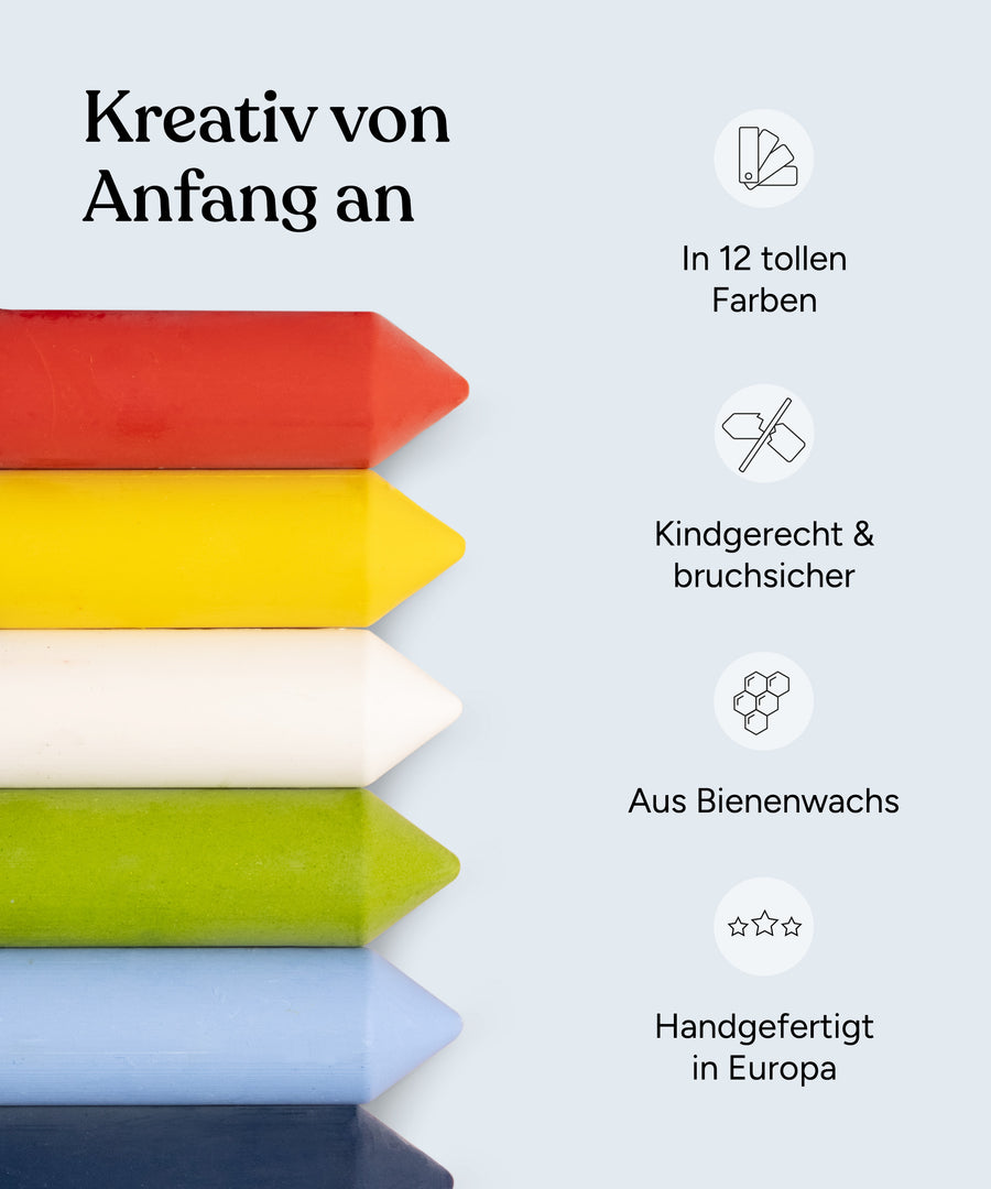 Kreativ von Anfang an. Vorteile der Wachsmalstifte: In zwölf tollen Farben, kindgerecht, aus Bienenwachs, handgefertigt in Europa.