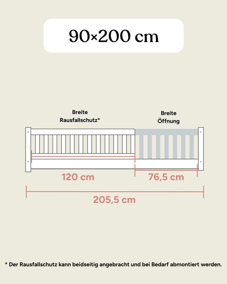 Bodenbett Buche Maße 90x200 cm Frontansicht.