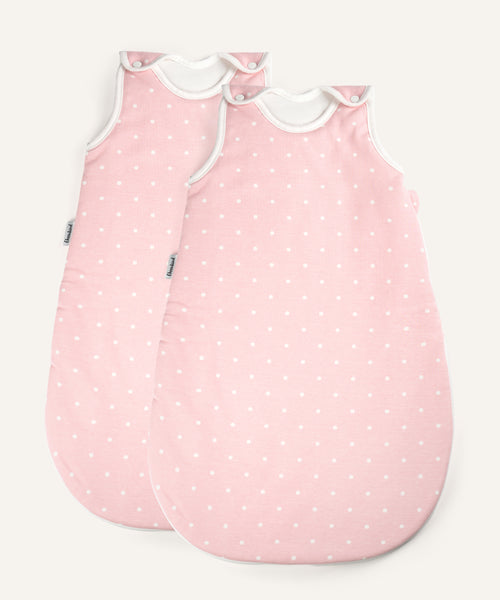 2er Bundle Ehrenkind Baby-Sommerschlafsack rund in rosa mit weißen Punkten.