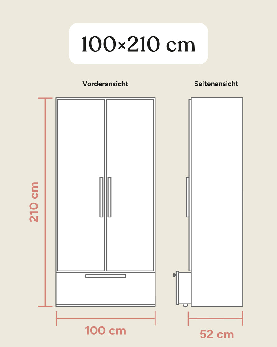Größengrafik Kleiderschrank Linia mit Rollschublade 100x210 cm.