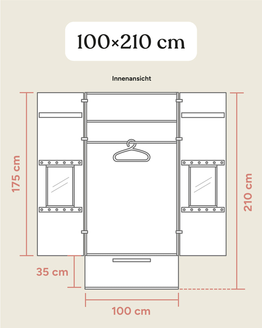 Größengrafik Kleiderschrank Linia mitRollschublade innen 100x210 cm.