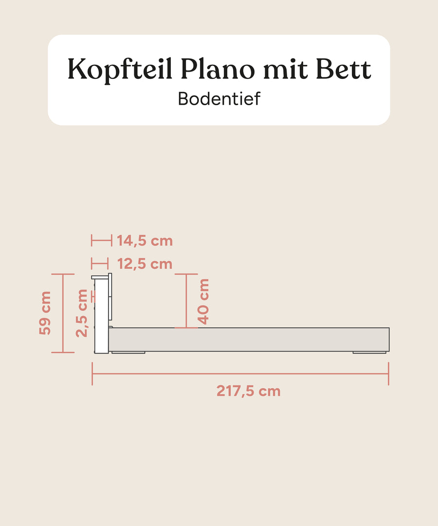 Größengrafik Plano Kopfteil mit Bett bodentief aufgebaut.