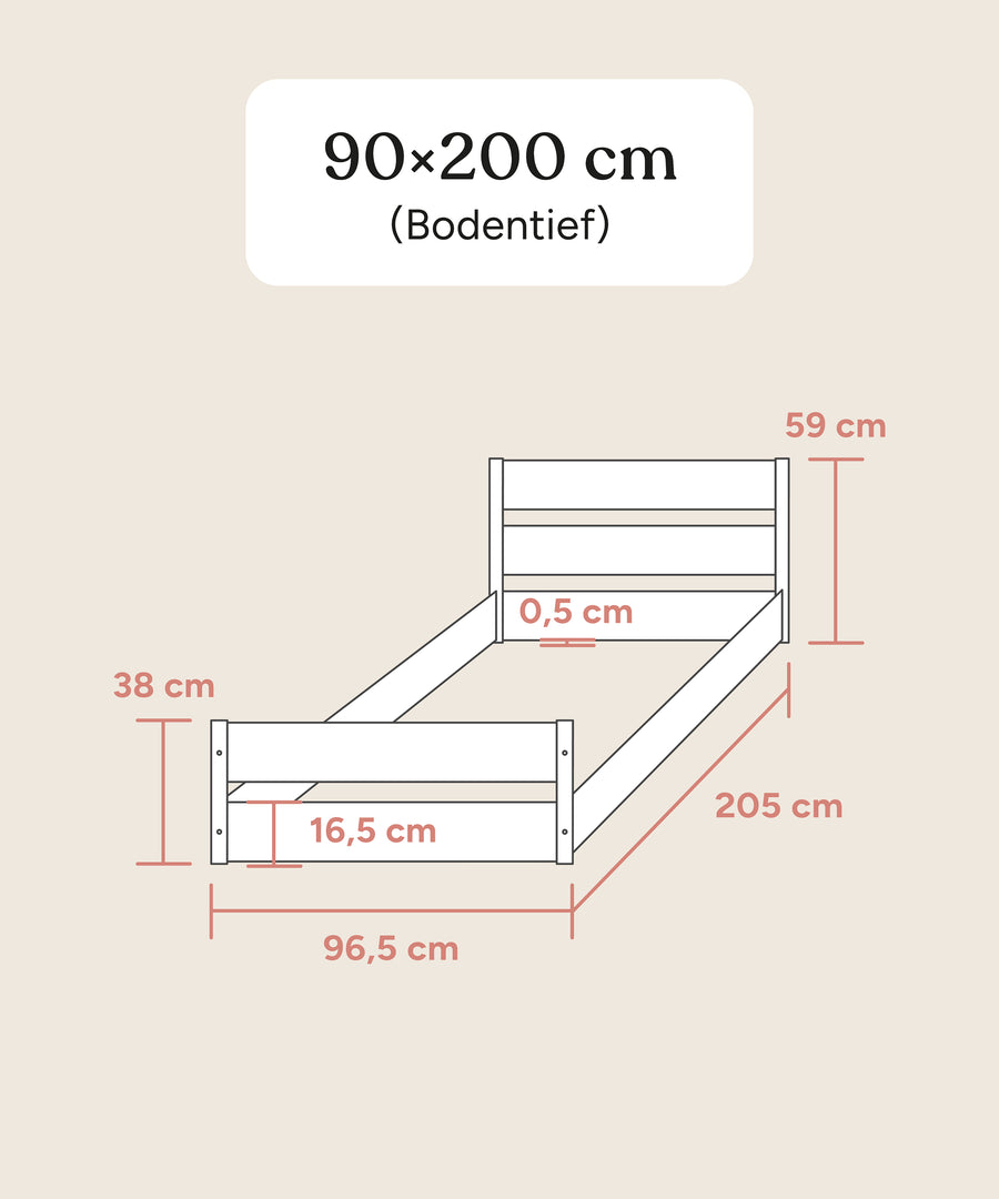Größengrafik Nova Jugendbett Pro 90x200 cm bodentief.