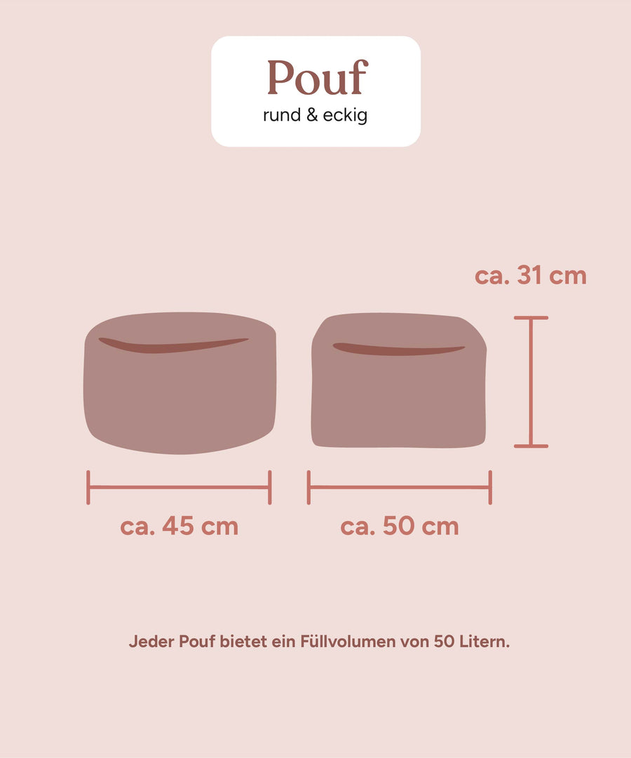 Größengrafik Sitzsack Pouf Eckig / Rund