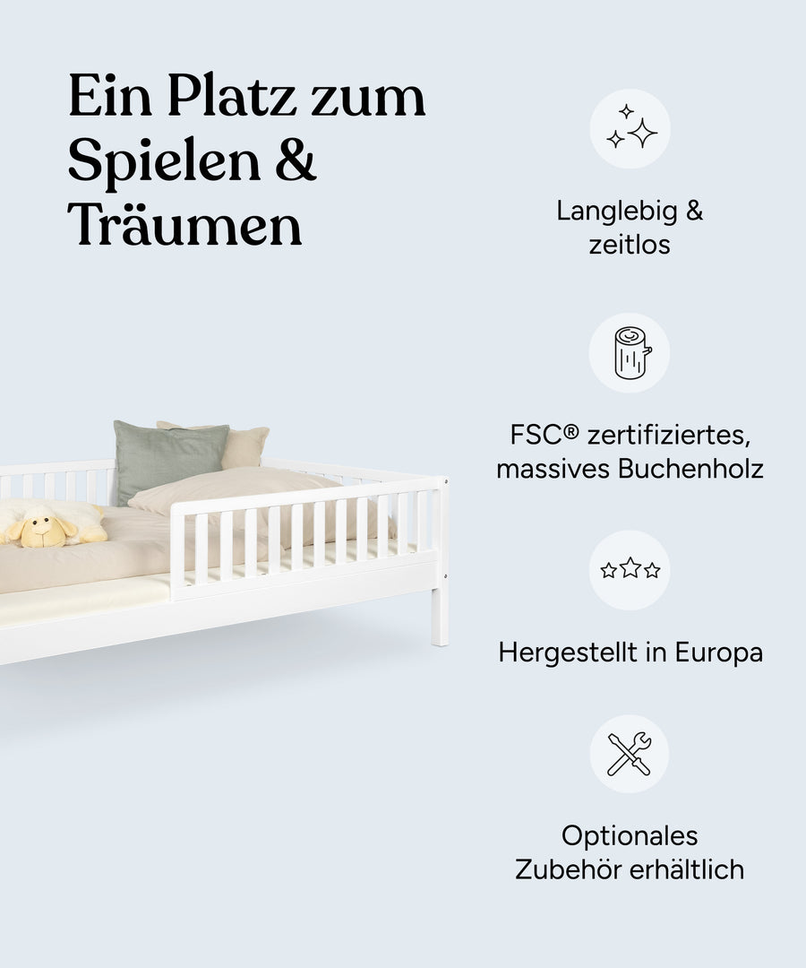 Vorteile-Grafik Bodenbett  Livo Buche Weiß 90 und 120 cm.