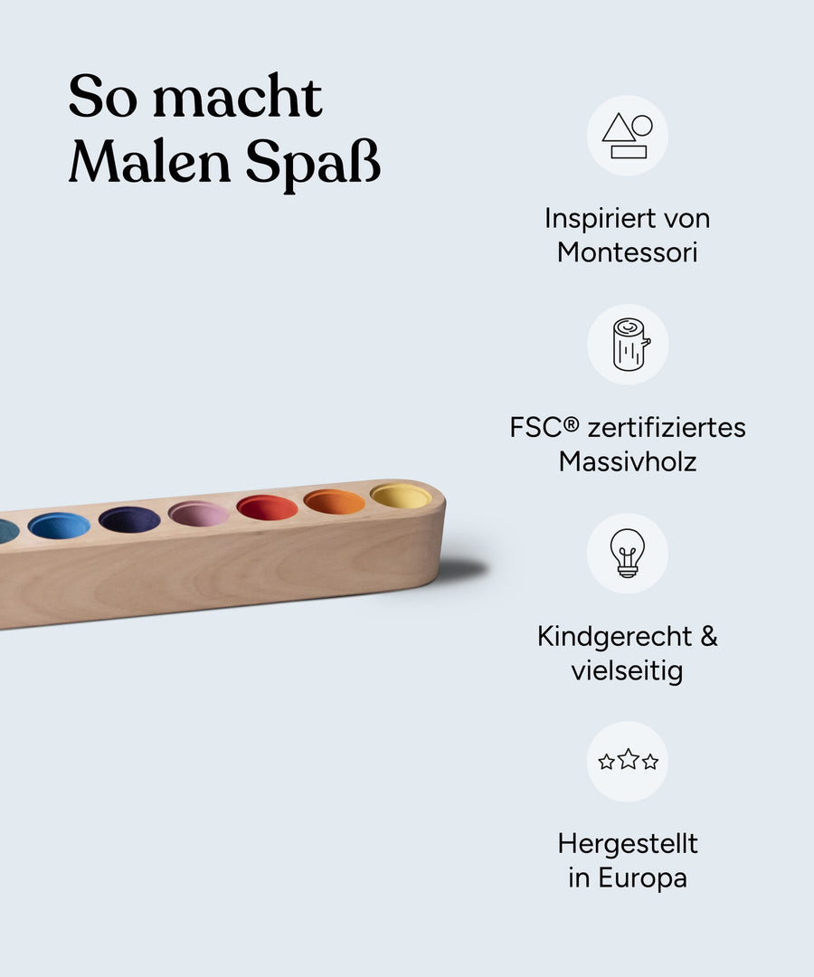 Vorteile Stiftehalter: Inspiriert von Montessori, naturbelassenes Massivholz, kindgerecht und vielseitig, hergestellt in Europa.
